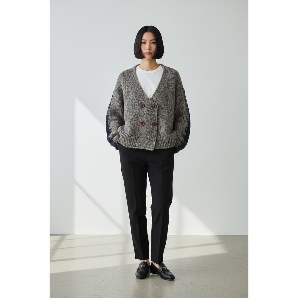 Women’s Preppy Minimalist Double Breasted Wool Color block Cardigan L